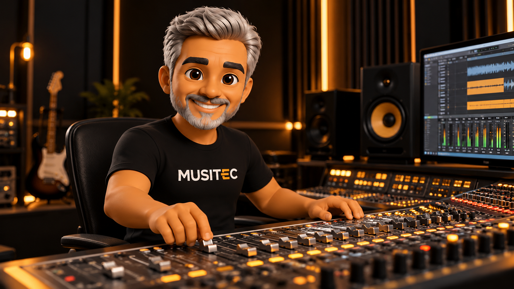 Avatar de cabelo branco da MUSITEC sentado em frente à mesa de som