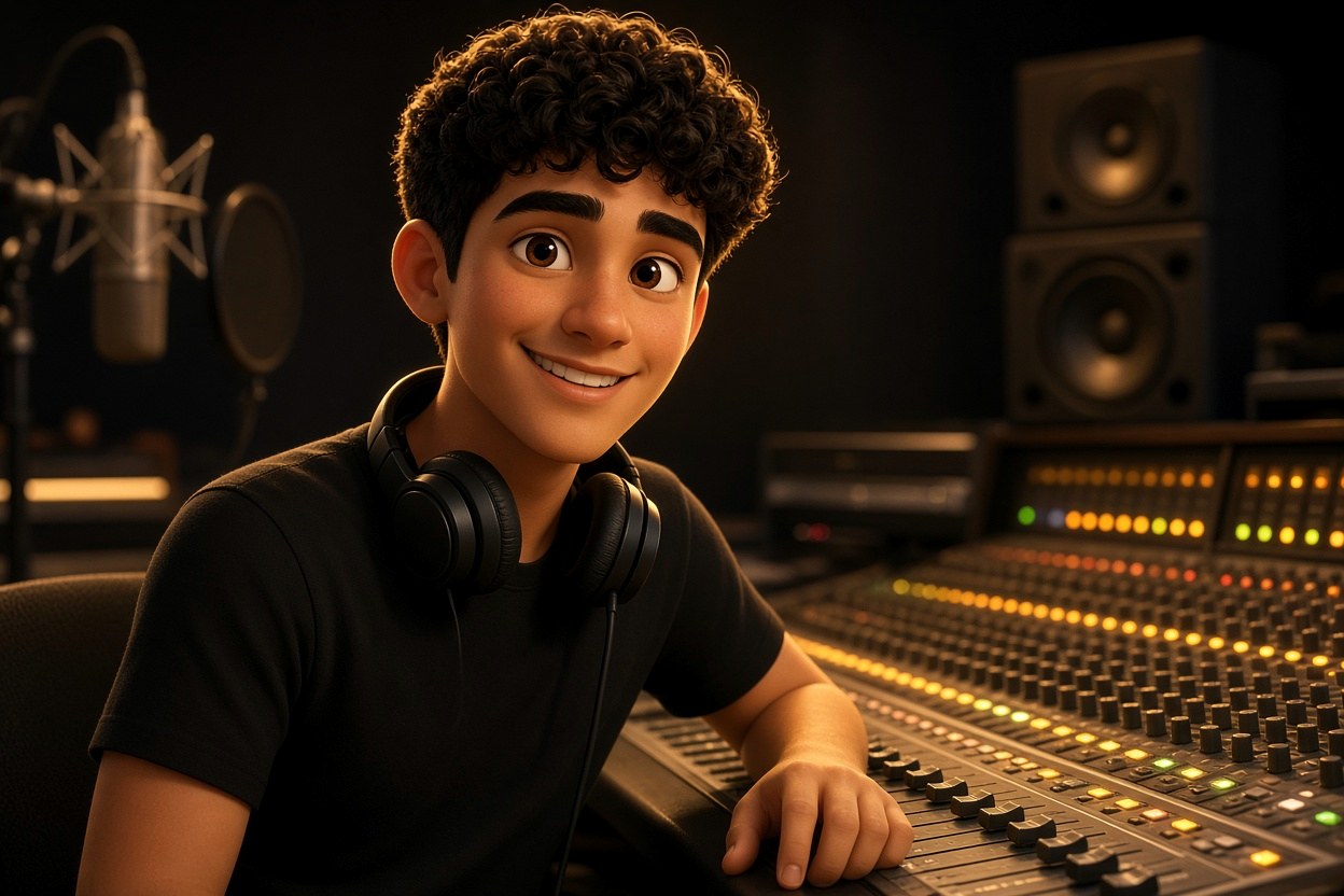 Personagem 3D da MUSITEC na mesa de mixagem do estúdio