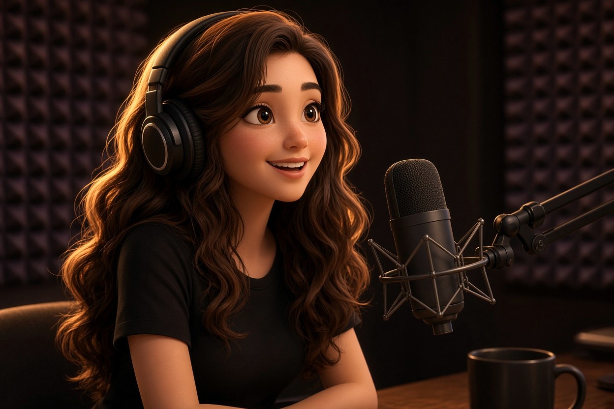 Personagem 3D da MUSITEC gravando um podcast