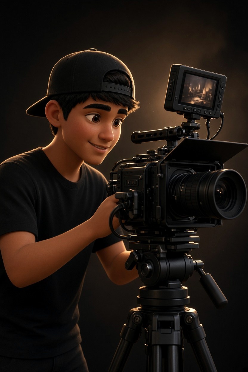 Personagem 3D da MUSITEC operando uma câmera de cinema