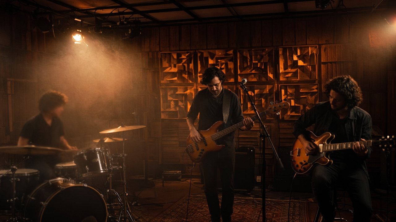 Banda gravando ao vivo no estúdio