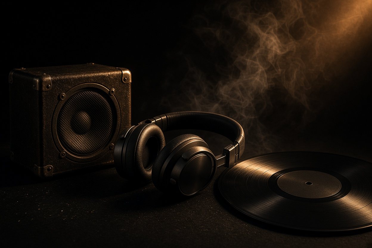 Fones de ouvido e vinil em composição escura