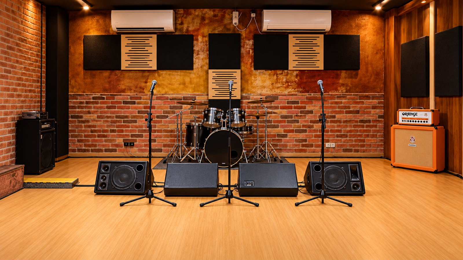 Sala A da MUSITEC, com 55 m², bateria, microfones, amplificadores e tratamento acústico
