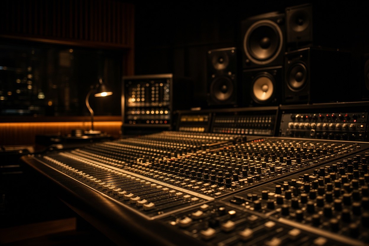 Sala de controle com mesa de mixagem e monitores