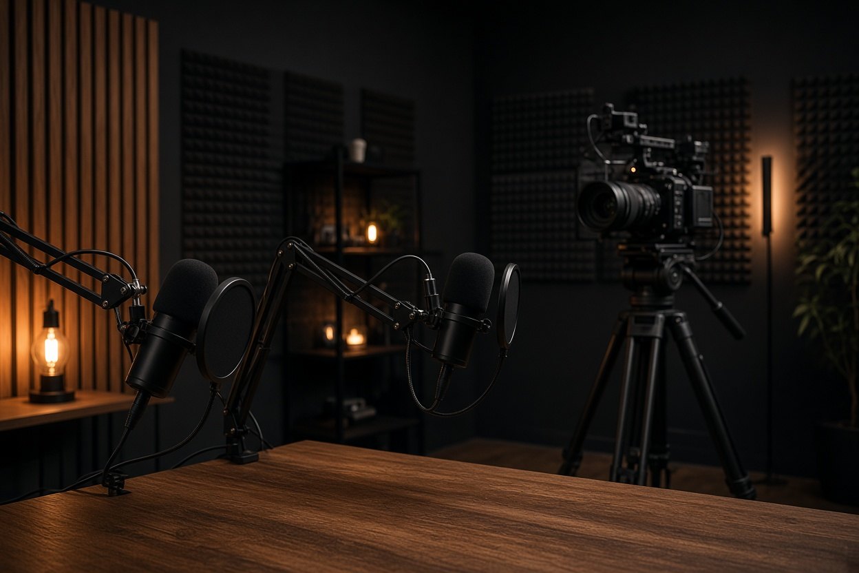 Set de podcast com microfones